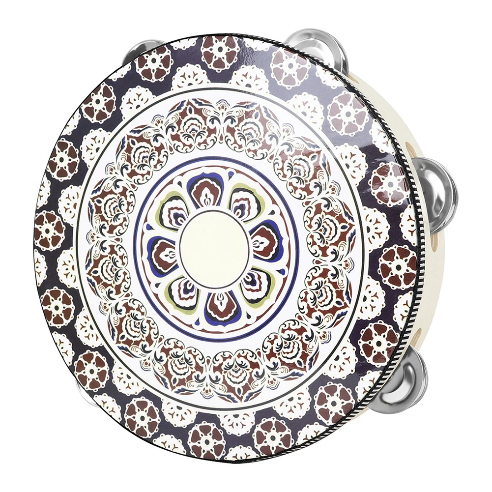 Description Picture 4 of item8 Inch Tambourine Handbell Hand Drum With Metal Jingles Ethnic Hand Held Tambourine Bell Percussion Instrument