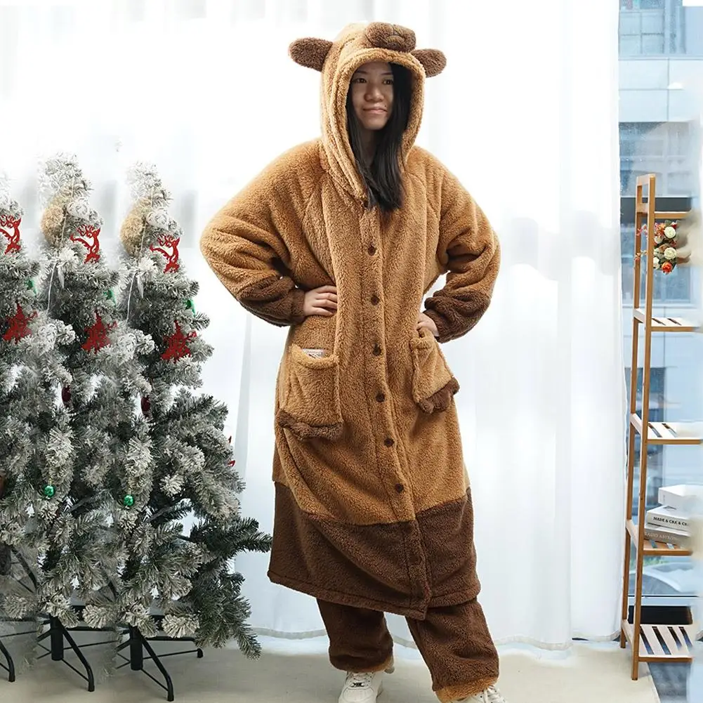 Winter Cute Coral Velvet Pajamas Kawaii Hooded Pajamas Trousers Set Thickened Warm Comfortable Girls Household Clothes