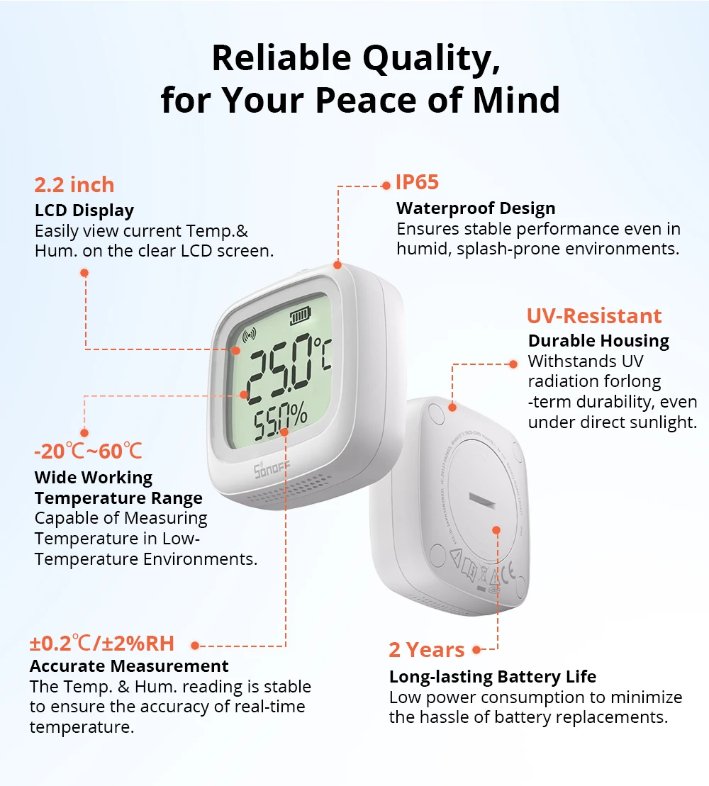 SNZB-02WD Zigbee LCD Smart Temperature Humidity Sensor IP65 Waterproof for Bathr