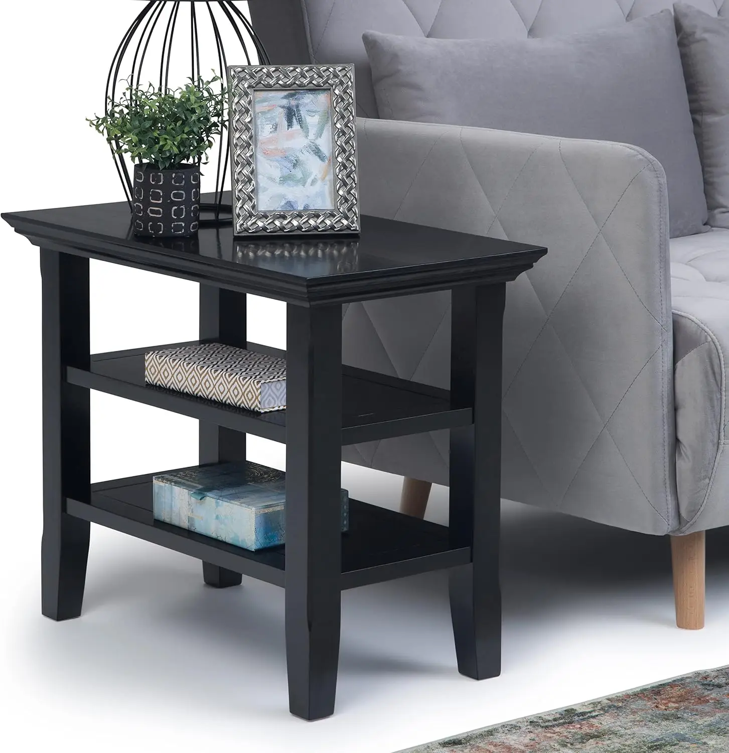 Acadian SOLID WOOD 14 inch wide Rectangle Rustic Contemporary Narrow Side Table in Black with Storage, 2 Shelves 4