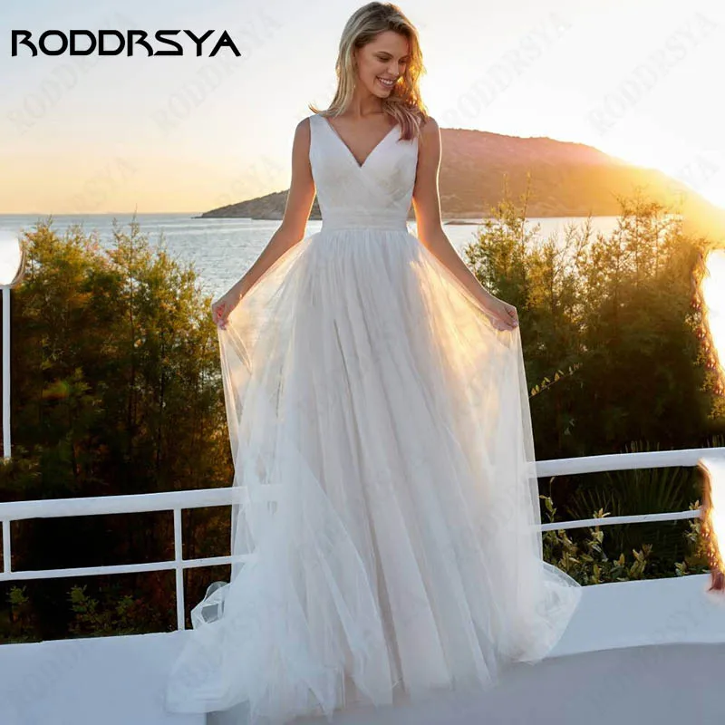 

RODDRSYA Charming V-Neck Tulle Bridal Party Sleeveless Open Back Wedding Dress Spaghetti Straps A-Line Vestido Novia Custom Made