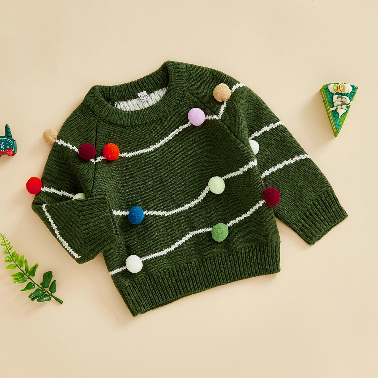 6-36개월  소녀 소년 크리스마스 스웨터 긴 소매 니트 풀오버 탑스 펠트 볼 장식 크리스마스 점퍼 탑스