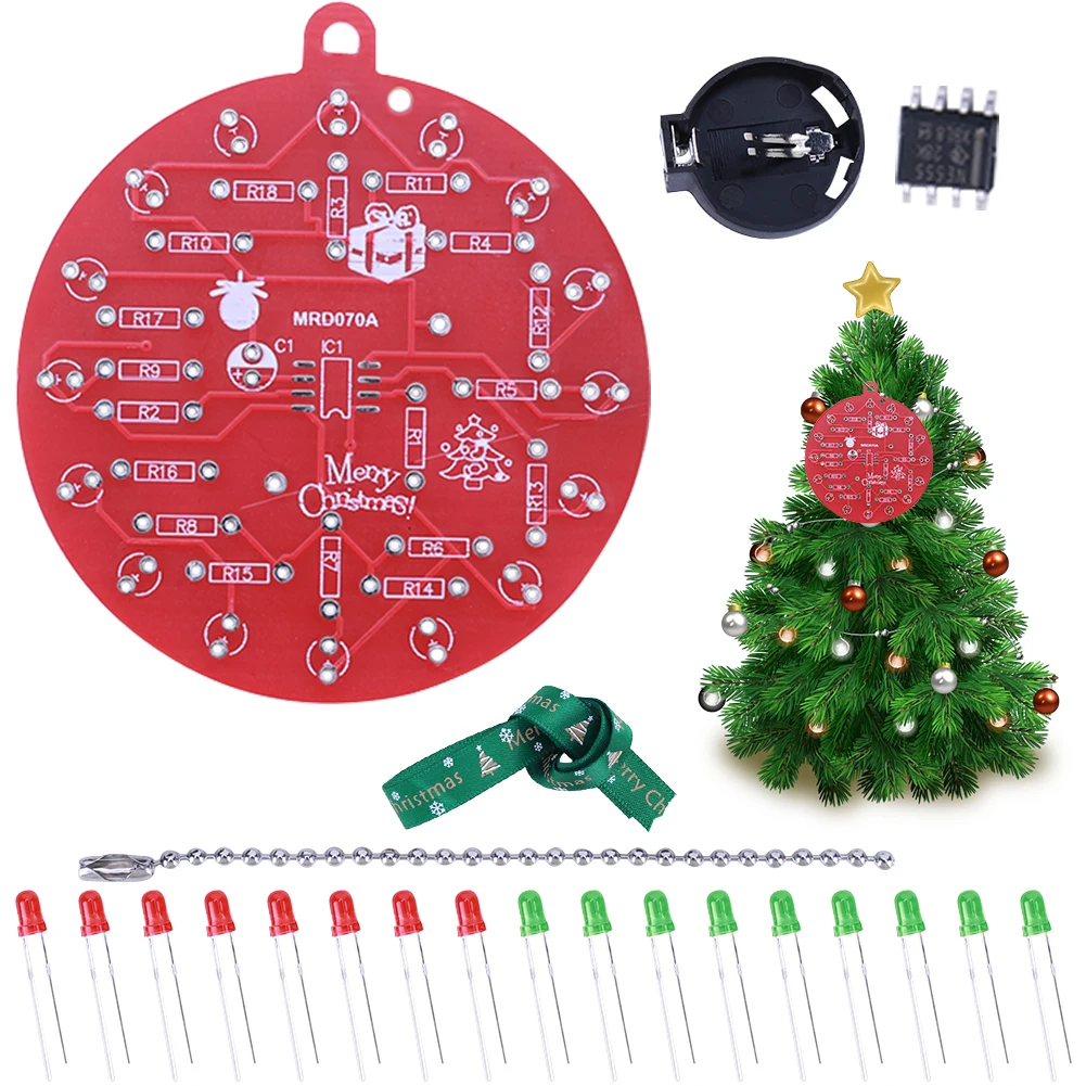 스템 교육용 크리스마스 트리 납땜 키트, PCB 크래킷 장식품, 빨간색 및 녹색 LED 조명, NE555