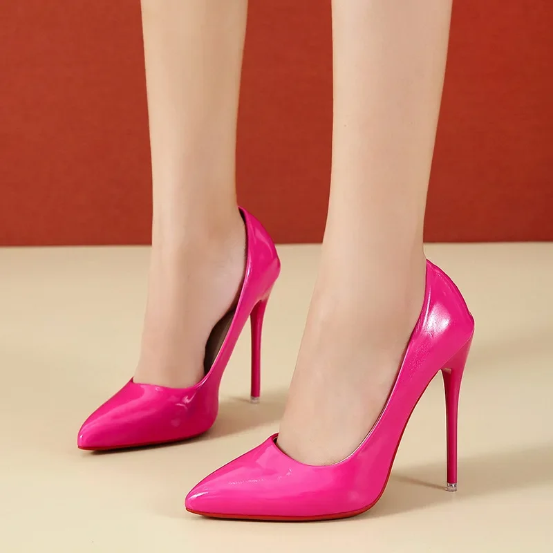 2023 Spring Super High 12cm Stiletto Heels Pumps Women Shoes Pointed Toe Florescence Patent Leather Office Thin Heel 5