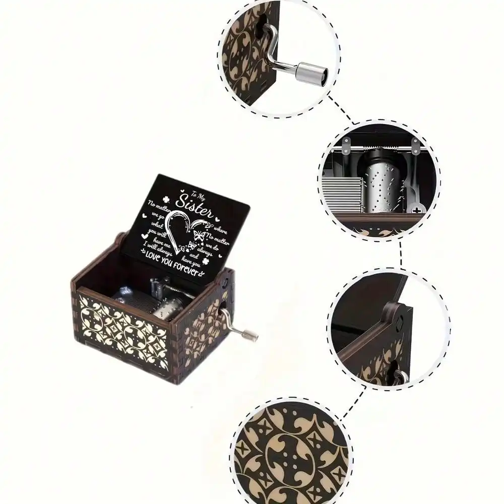 1pc Wooden Vintage Laser Carved Hand-cranked Music Box, Mother's Day/birthday/anniversary/wedding Gift, Family Room Desk Office