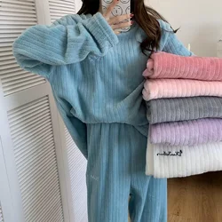 New Autumn And Winter Flange Pajamas Two-piece Coral Velvet Home Service New Monthly City Casual Stripes Warm Suit Female