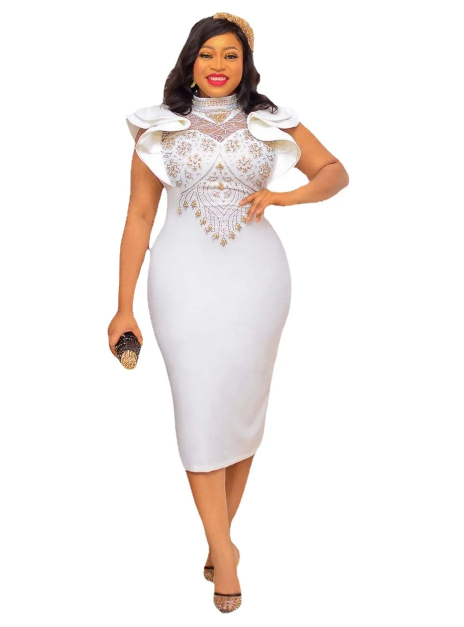 

White Polyester African Dresses for Women Summer Elegant African Sleeveless Knee-length Dress S-3XL African Dresses for Women