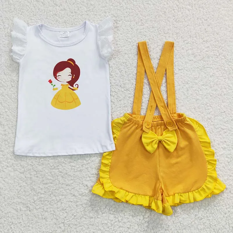 

Wholesale Baby Girl Clothing Children Summer Toddler Short Sleeves Shirt Cotton Ruffle Bow Suspender Shorts Kids Outfit Set