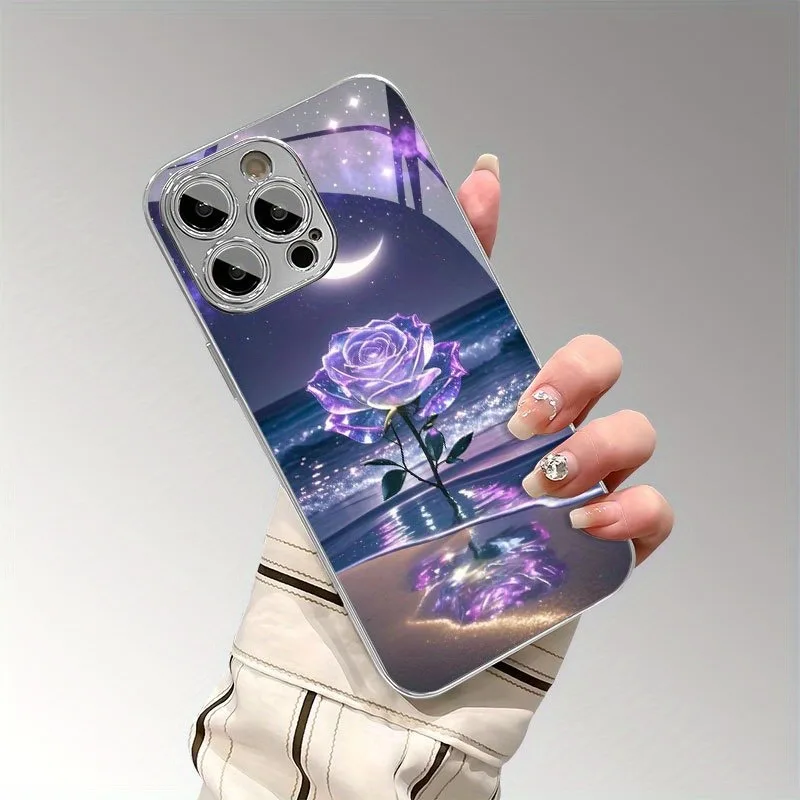 Purple Seaside Rose Pattern Tempered Glass Electroplated Silver Phone Case Cover