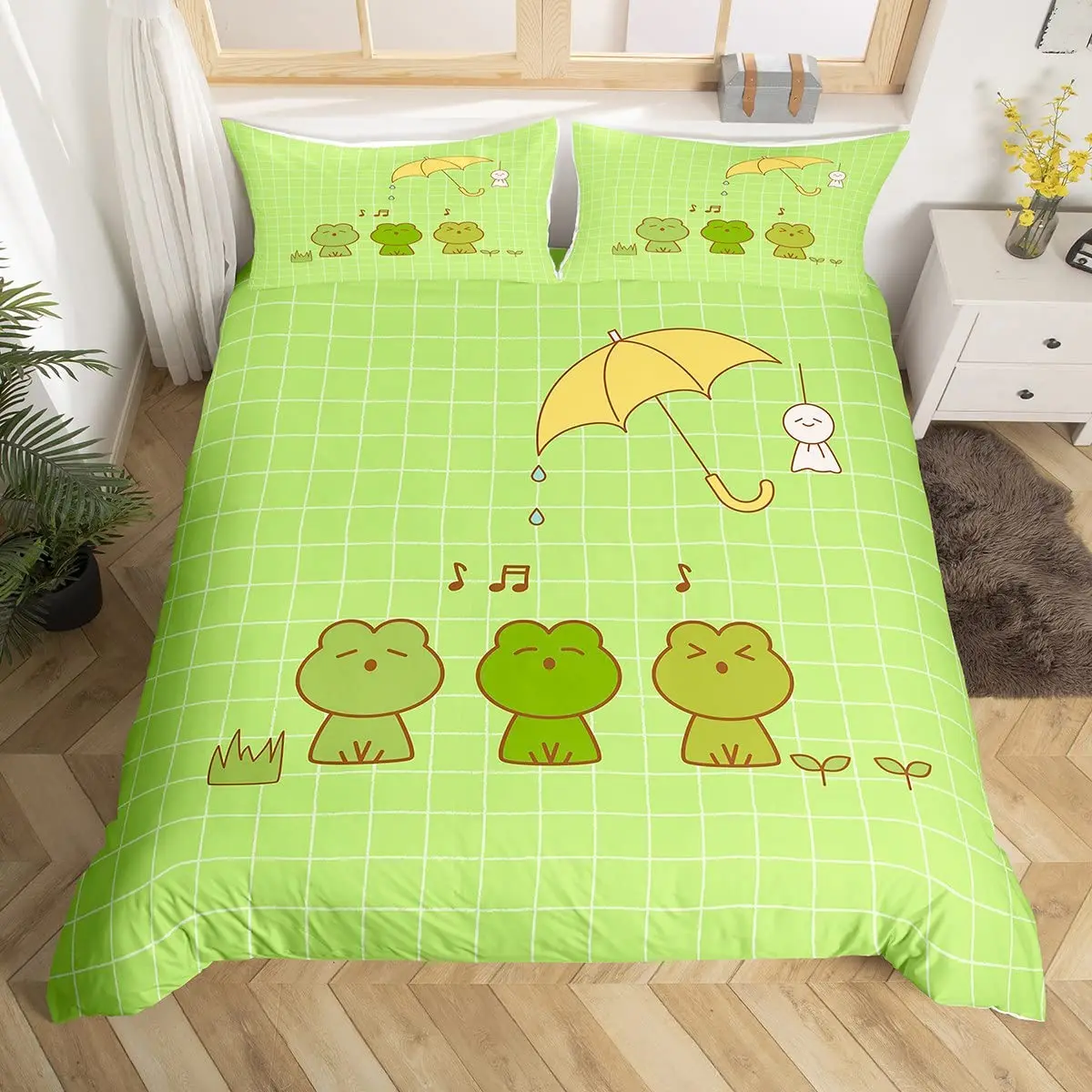 

Cartoon Frog King Queen Duvet Cover Lovely Green Animal Plant Bedding Set Kids Wildlife Comforter Cover Polyester Quilt Cover