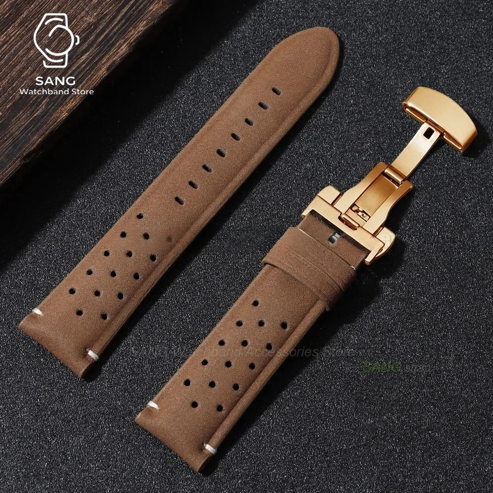 Vintage Brown Leather Strap with Butterfly Buckle - Breathable Business Watch Band Bracelet in Matte Finish