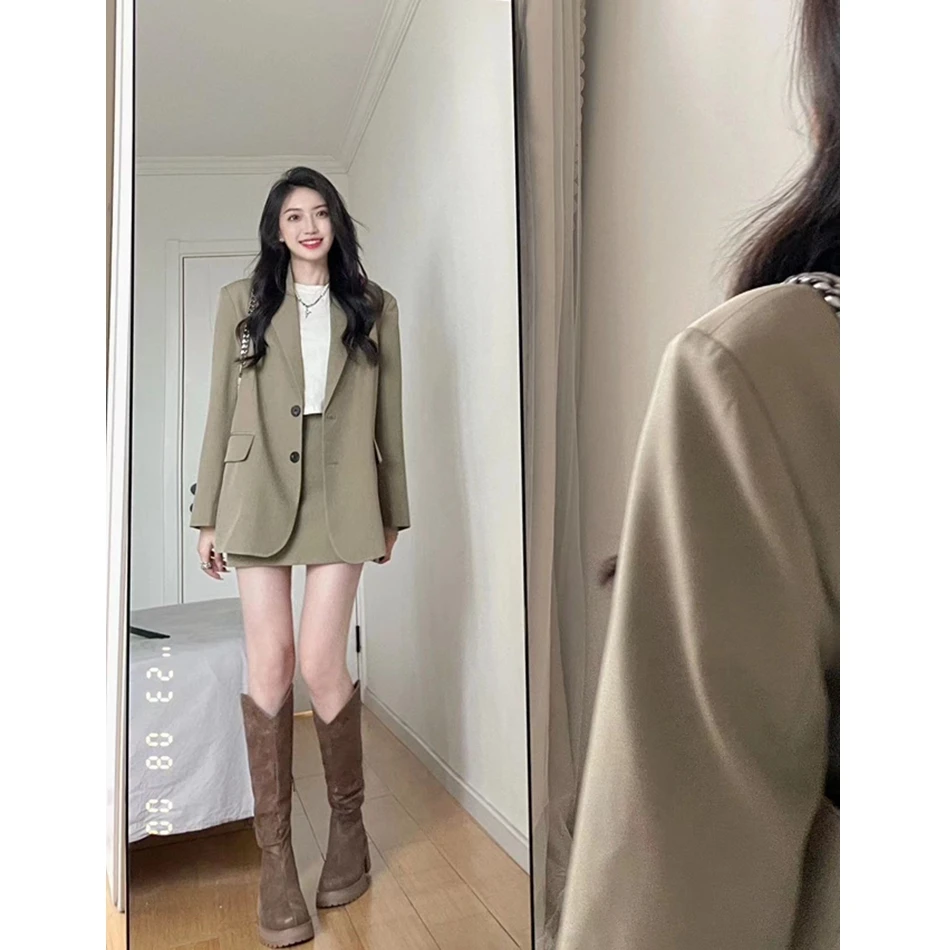 

Женский костюм на раннюю осень, куртки, наряд, юбка-трапеция, офисный Женский блейзер, изысканные крутые женские высококачественные костюмы, комплект с юбкой