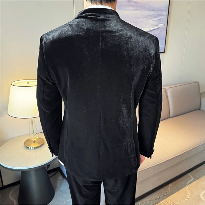Chinese Style High-end Stand Collar Velvet Casual Suit Jacket for Men's Autumn Winter Thick Blazers Casual Business Dress Coats