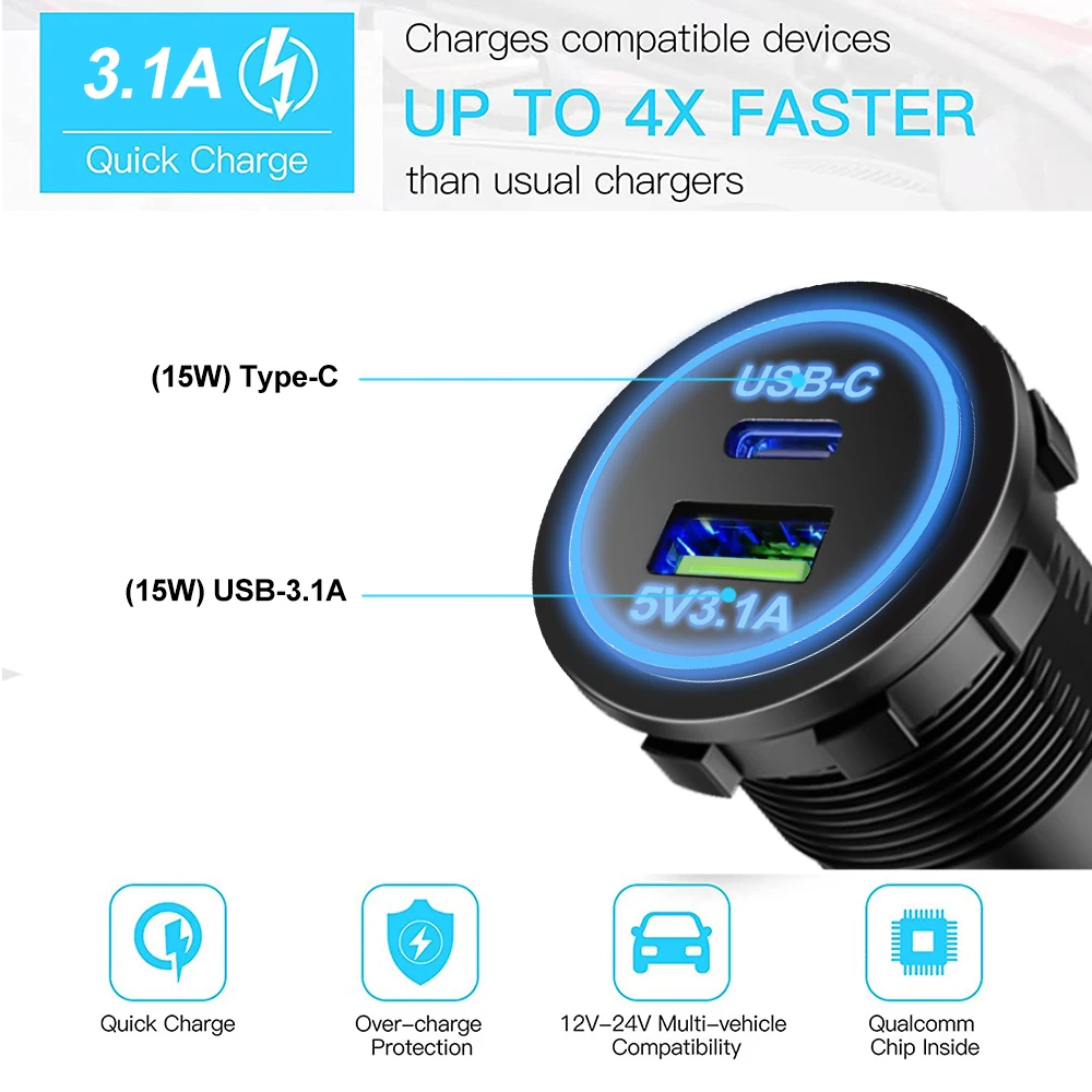 30W/85W USB Car Charger Outlet Waterproof Charger Socket PD Type C and QC3.0 USB Port Socket for Car Boat Marine Truck 12V car charger