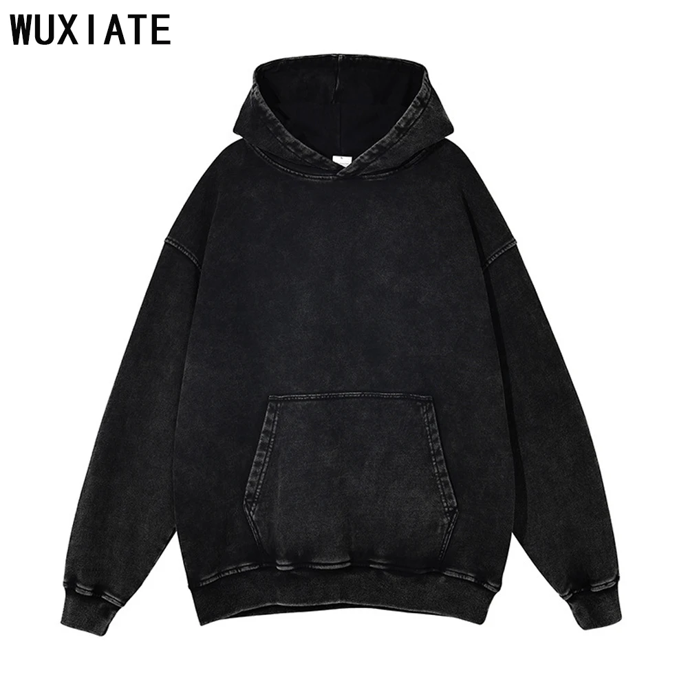 

WUXIATE Woman Men Hoodie Vintage Washed Hoodie Sweatshirt Streetwear Harajuku Hooded Pullover Heavy Cotton Thick Retro Hip Hop