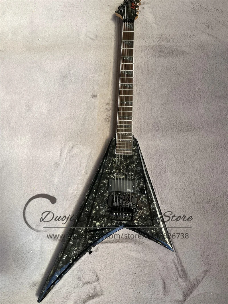 

Black Electric Guitar Grey Pearl Top Solid Body Tremolo Bridge Colsed Pickups Rosewood Fretboard Shark fin Mosaic Factory Custom