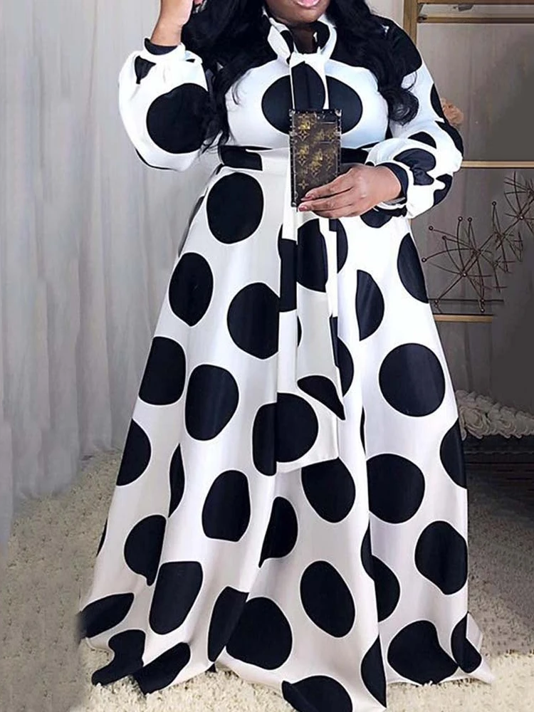 

Женское длинное облегающее платье в горошек, элегантное винтажное платье большого размера с длинным рукавом и высокой талией в богемном стиле, весна 2023