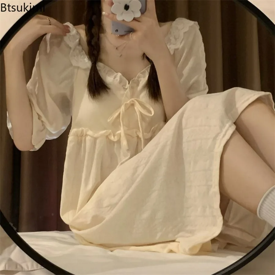 2024 Women's Long Sleeve Cotton Print Nightgowns Sleepwear Dress Korean Cute Lace Long Dress Soft Night Dress Girls' Nightdress