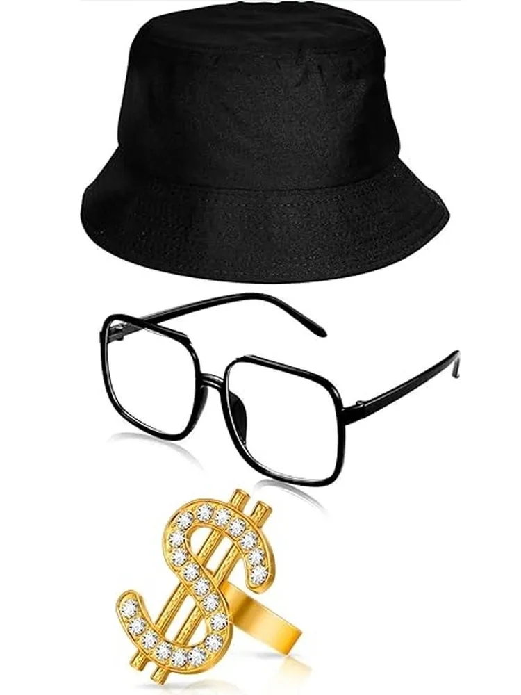 PESENAR Hip Hop Costume Kit 80s/90s Rapper Accessories Bucket Hat Sunglasses Gold Chain Ring Outfit Men Women