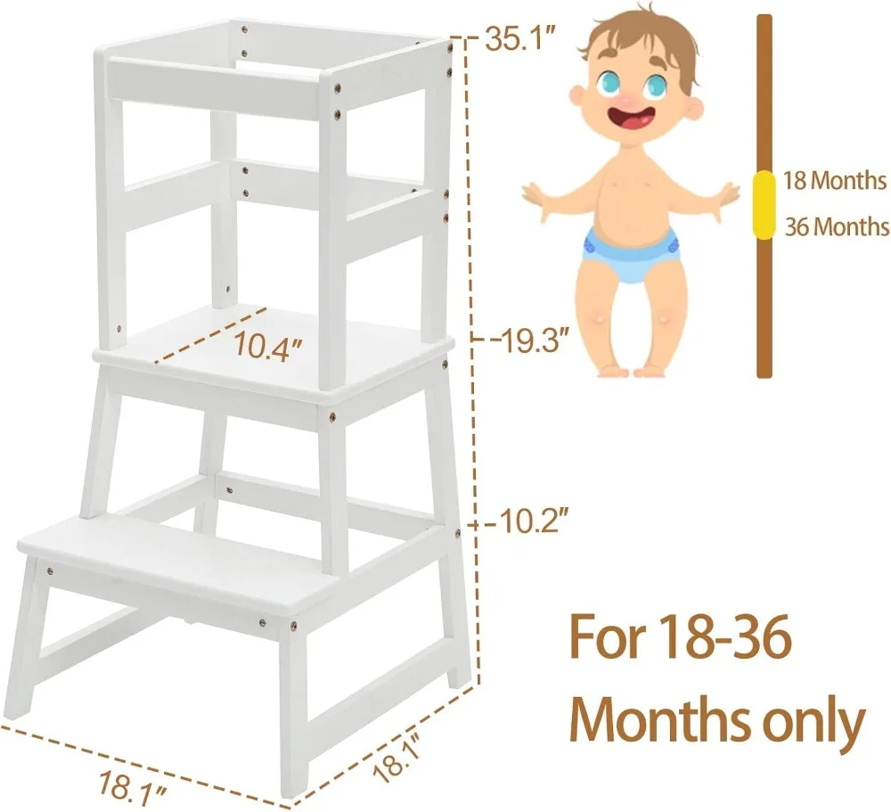 

Kids Kitchen Step Stool for Kids with Safety Rail Solid Wood Construction Toddler Learning Stool White