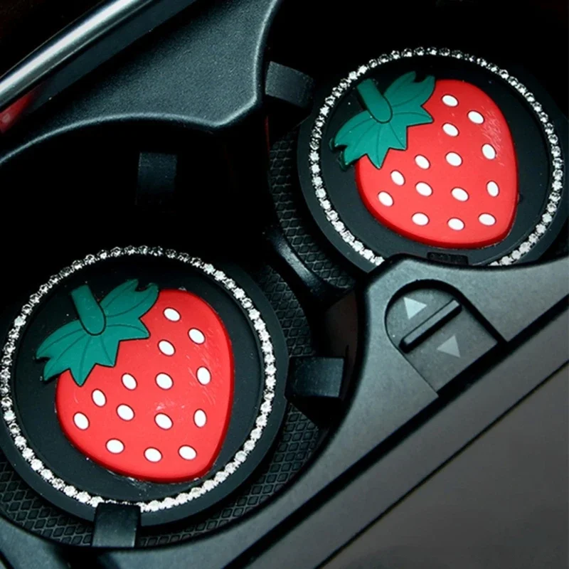 Bling Car Coasters with Strawberry Cartoon Round Silicone Gels Non-Slip Mat with 70mm Diameter for Water Bottles Durable