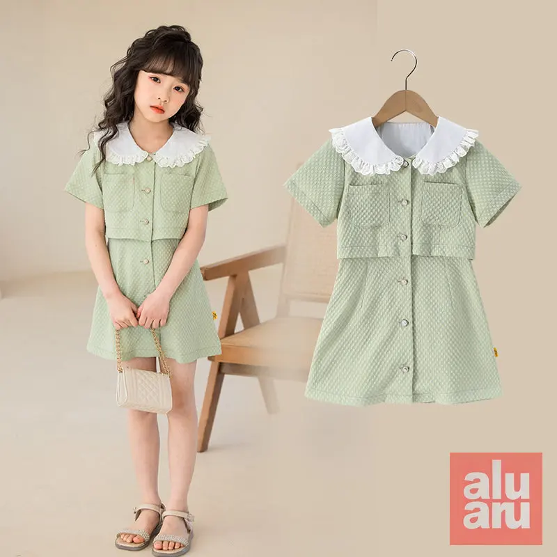 

Girls' Dress Summer New Korean Version of Fashion Summer Dress Dress Big Tong Check Collar False Two-piece Set