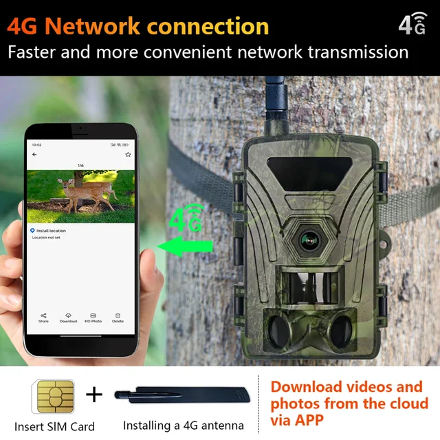PR802LTE 4G  4K Hunting Camera with SIM Card 60MP Photos 0.3s Fast Trigger Wildlife Camera IR Night Vision 4