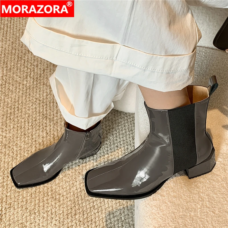 

MORAZORA Women Boots Patent Genuine Leather Chelsea Boots Shoes Zipper Square Toe Gray Autumn Winter Ladies Ankle Boots Female