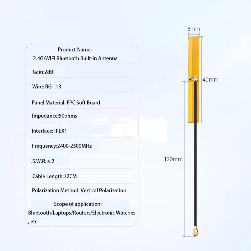 2.4GHz Yellow Film FPC Soft Board with Built-in Antenna High Gain 2-3dBi RG1.13 12CM Cable For Laptop WiFi Bluetooth Module