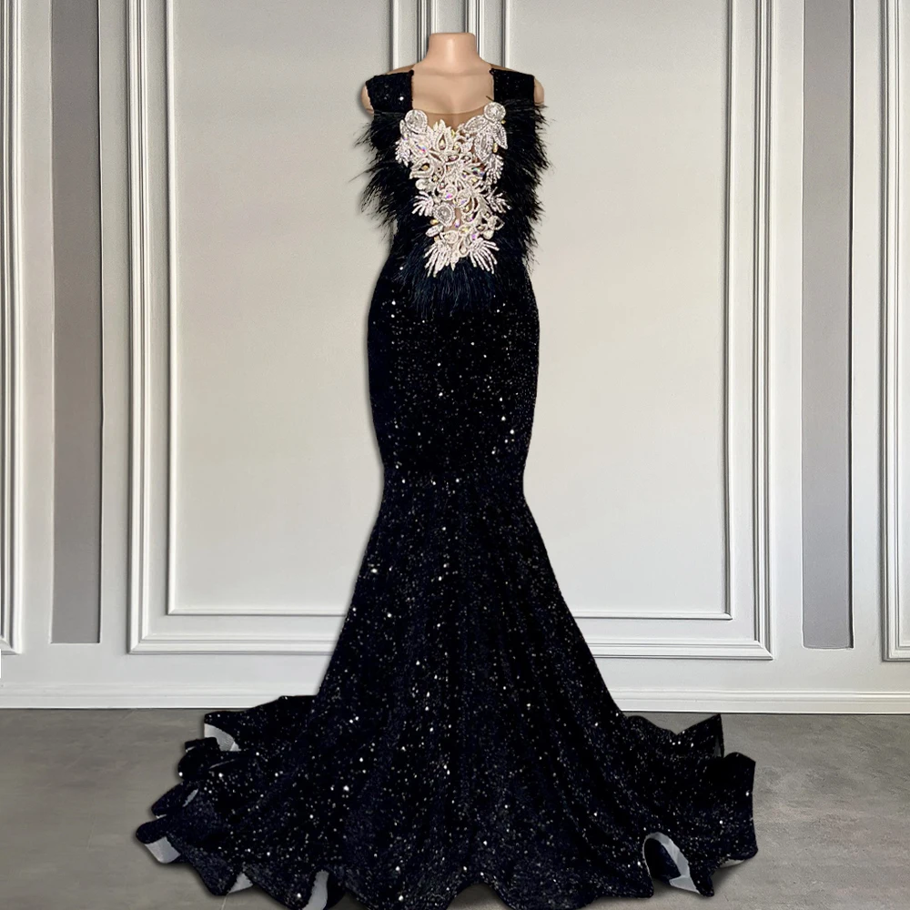 

Sparkly Black Sequin Long Prom Dress Black Girl Luxury Mermaid Style Crystal Feather Prom Gala Formal Gowns