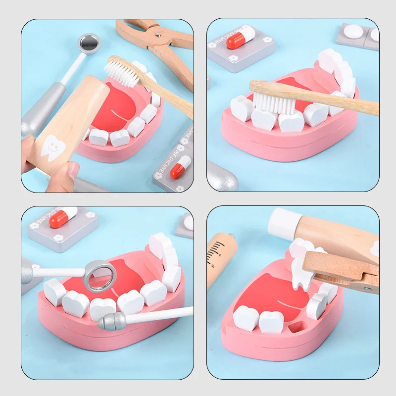 Wooden Pretend Play Doctor Educational Toys for Children Simulation Dentist Check Brush Teeth Medicine Set Role Playing Games 4