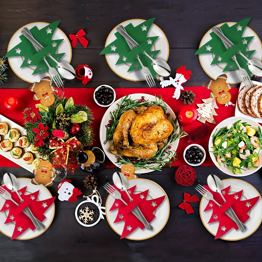 Festive Christmas Utensil Holder Set, Black Reindeer & Gray Star Fork Knife Covers for Holiday Table Setting, Dinner Party Decor