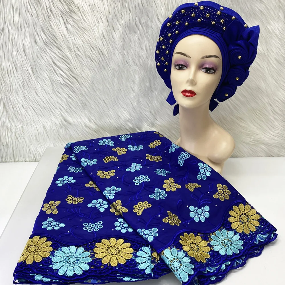 

Ulifelace 5 Yard Skin Soft Cotton Tulle Fabric Embroidered Gold Beaded Sego Hat Aso-Ebi Nigerian Swiss Voile Lace CT1184