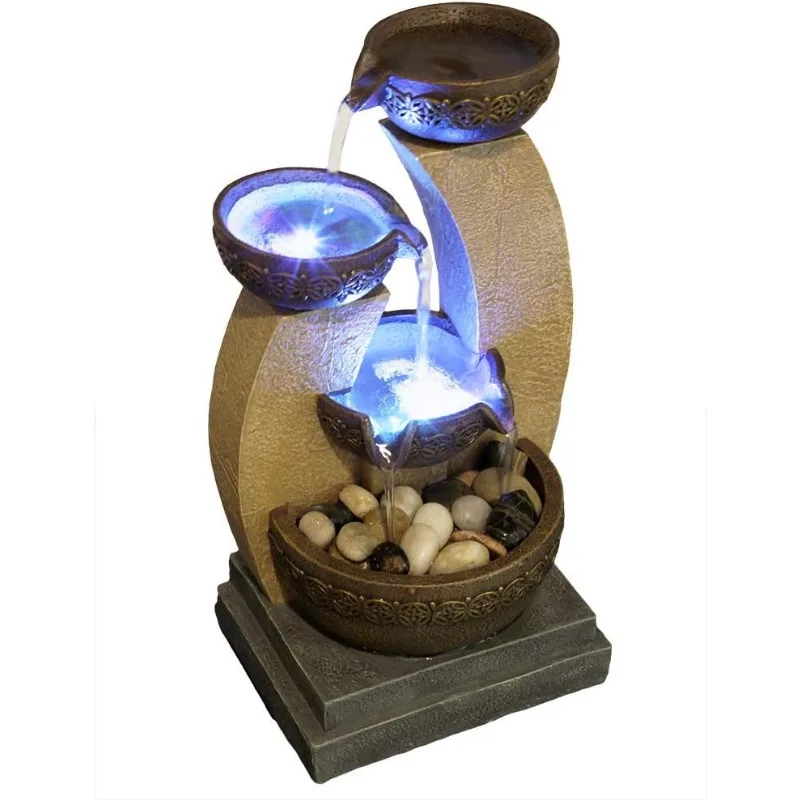 11" H Golden Tiered Bowl Fountain with Color Changing LED Lights with Adapter Brown 3