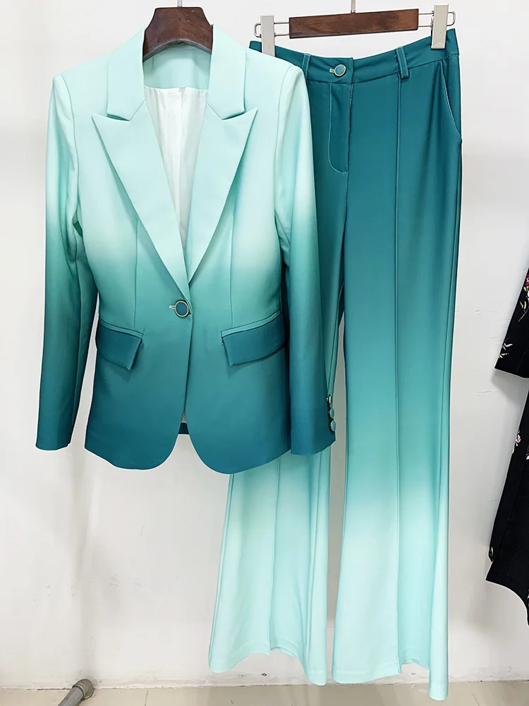 Newest Fashion 2024 Designer Suit Set Women's Gradient Color Printed Single Button Blazer Flare Pants Suit 2pcs