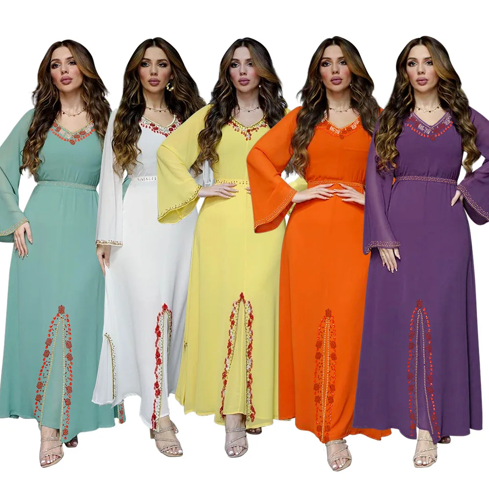 

Eid Muslim Women Dress Middle East Southeast Mesh Diamond Studded Abaya Party Dresses Ramadan Abayas Caftan Kaftan Jalabiya