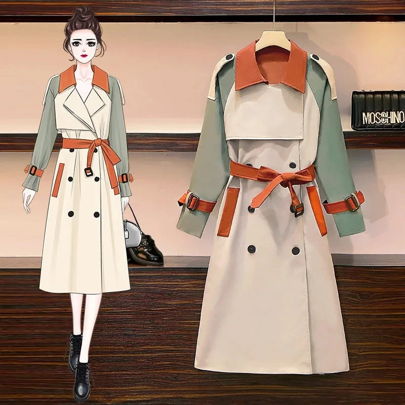 

New 2023Contrast Color Patchwork Women Long Korean Loose Coat Double Breasted Sashes Casual Autumn Outerwear Windbreaker