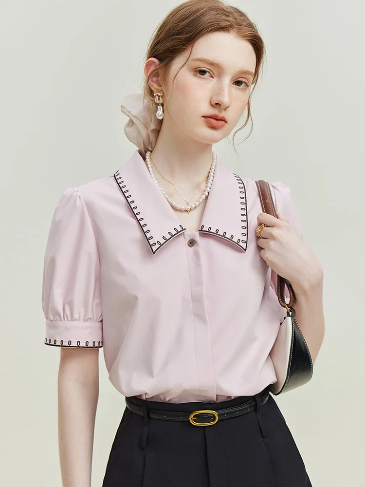 FSLE French Short Sleeve Embroidered Shirt Women's Summer 2023 New Formal Interview Shirt For Women White Pink Women Skirt women elegant skirt suit for business work interview hotel wear apricot green blue slim single button blazer two piece set