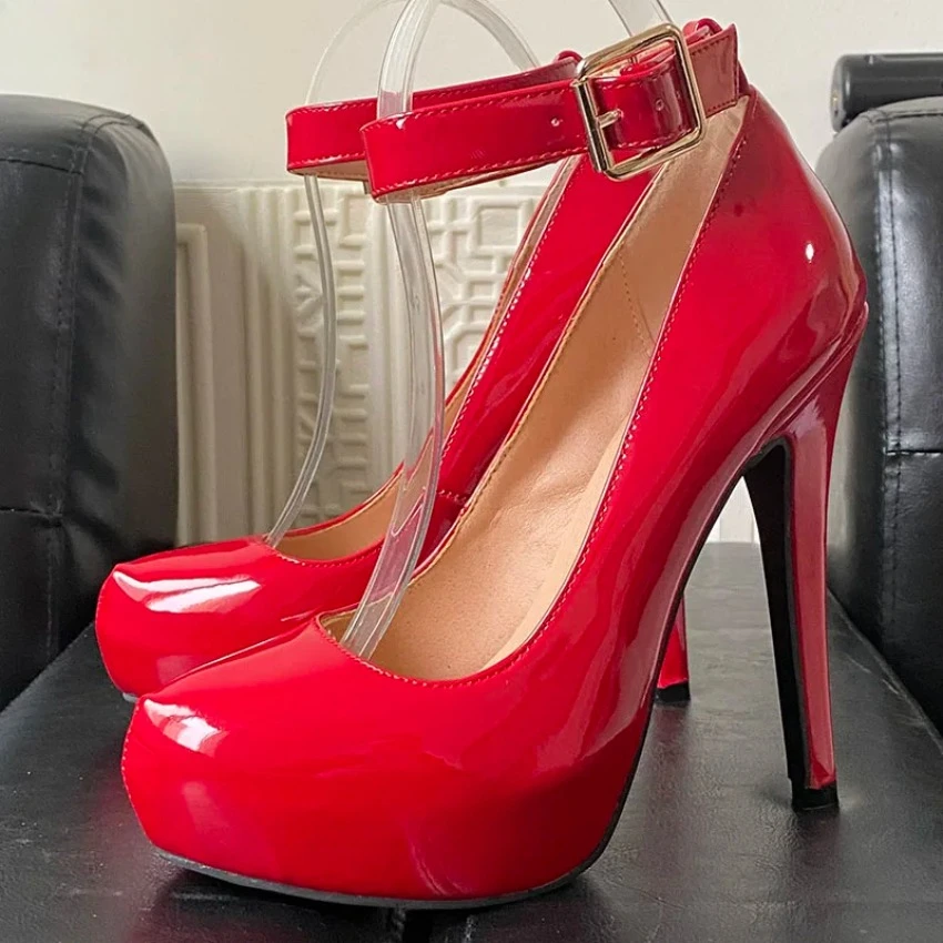 

2024 Handmade Women Spring Pumps Hidden Platform Ankle Strap Sexy Stiletto Heels Round Toe Pretty Red Party Shoes US Size 5-20