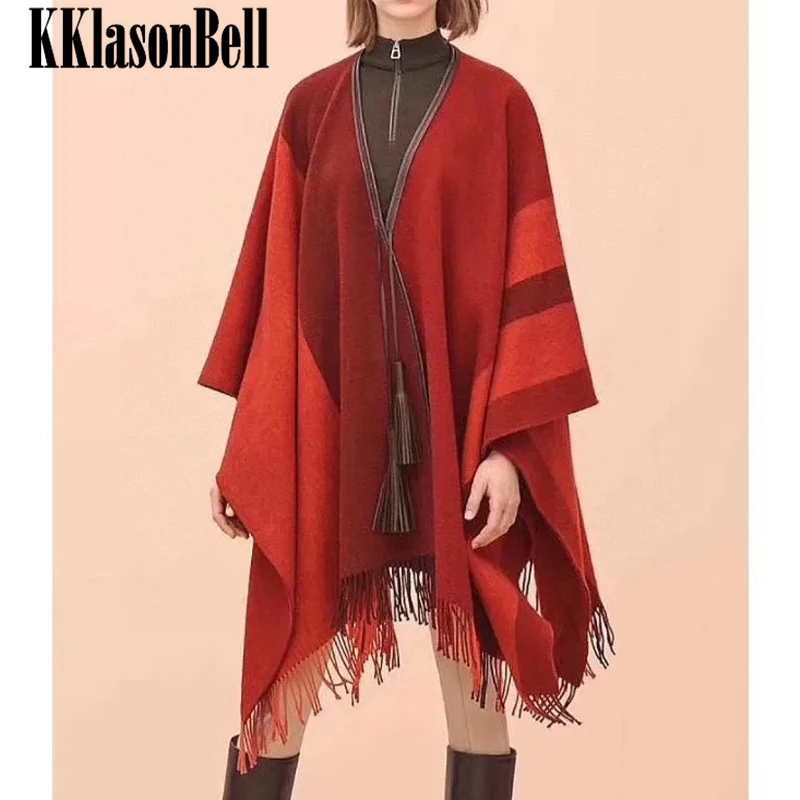 

12.23 KKlasonBell Vintage Fashion Striped V-Neck Tassel Genuine Leather Patchwork Cashmere Wool Capes & Ponchos Women