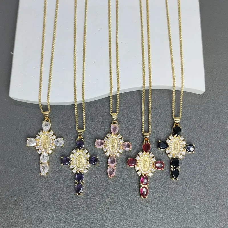 

New Fashion Colored zircon Cross Necklace Light luxury Delicate Virgin Guadalupe Pendant Women for Religion Jewelry Gift