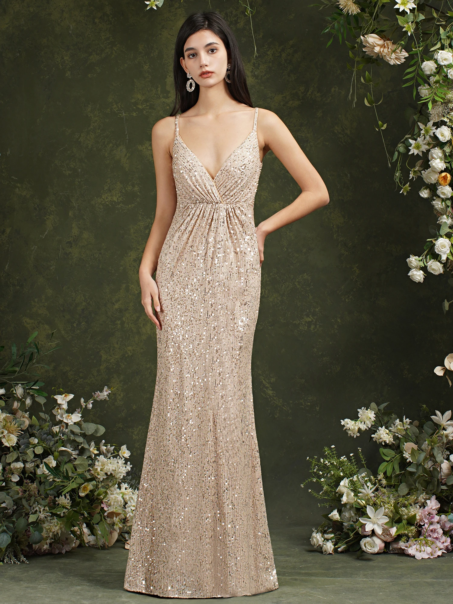 

Elegant Champagne Spaghetti Straps Bridesmaid Dresses For Women 2022 Sequins Long Sexy Evening Party Gowns For Wedding New