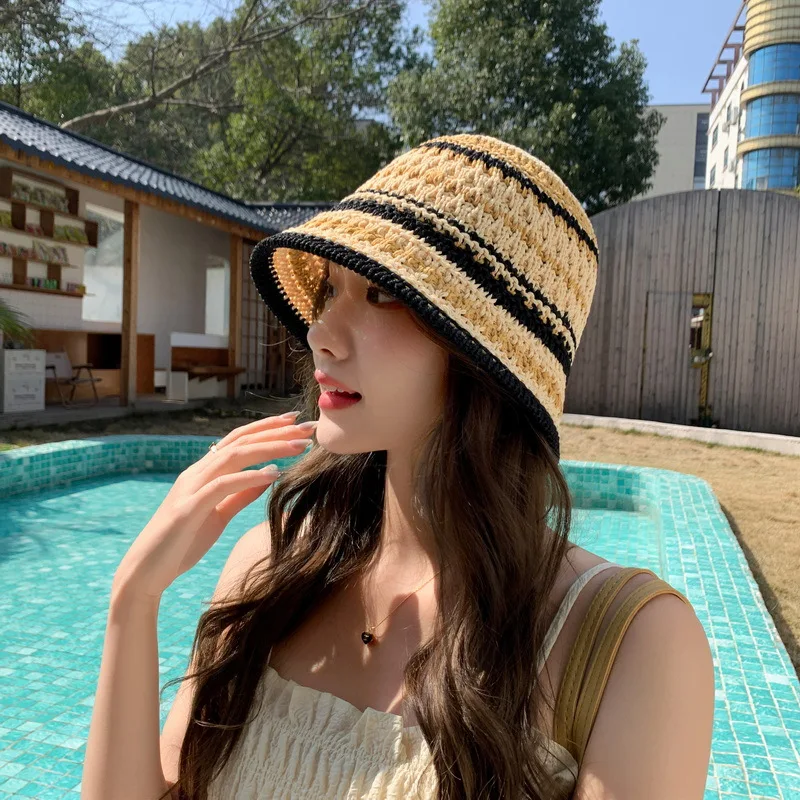 Colorful Stripe Knitted Bowl Hats for Women's Casual Versatile Korean Decoration Foldable Sun Visor Hat Bucket Hat sun hat,bucket hat,women bucket hat,women hat