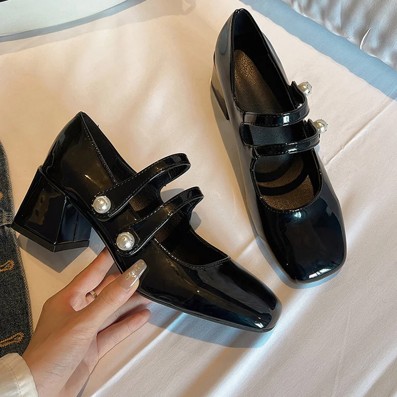 Retro Square Toe Chunky Heel Mary Janes Shoes Gentle Style High-heels Buckle Strap Womens Pumps French Fashion Leather Shoes
