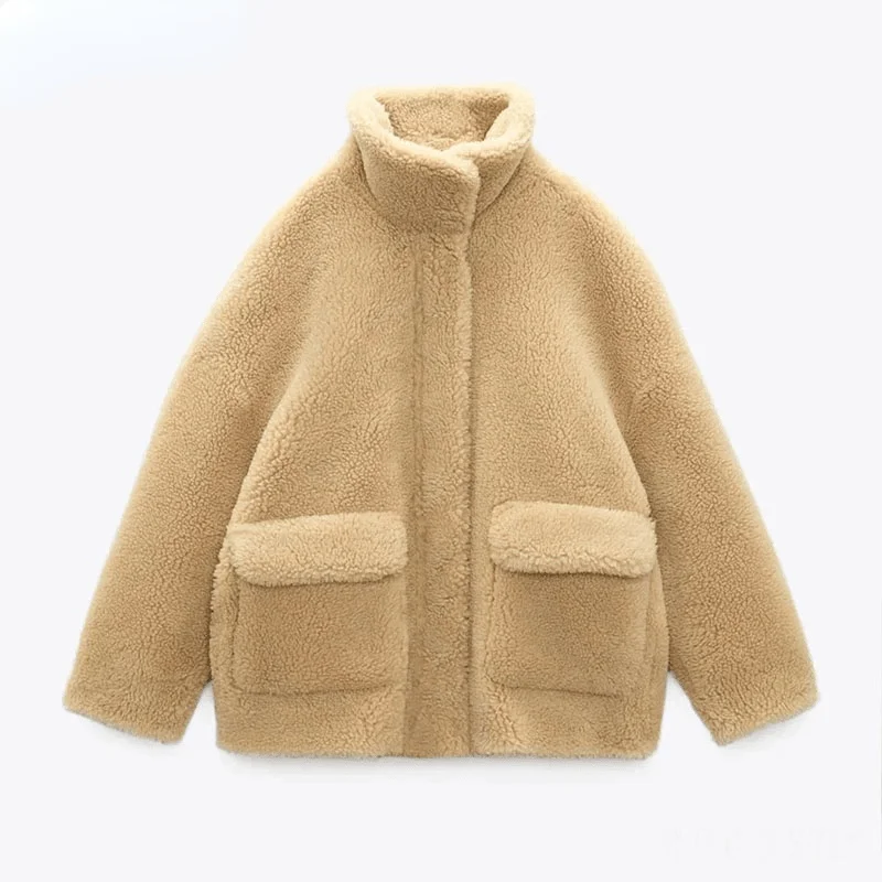 

New 2022 Za Women Jacket Fashion Artificial Fur Effect Double Sided Coat Vintage Long Sleeve Female Outerwear Chic Tops