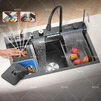 Stainless Steel Kitchen Sink With Waterfall Extra Large Single Slot Cup washer Digital Display Multifunctional Dishwashing Sinks 1