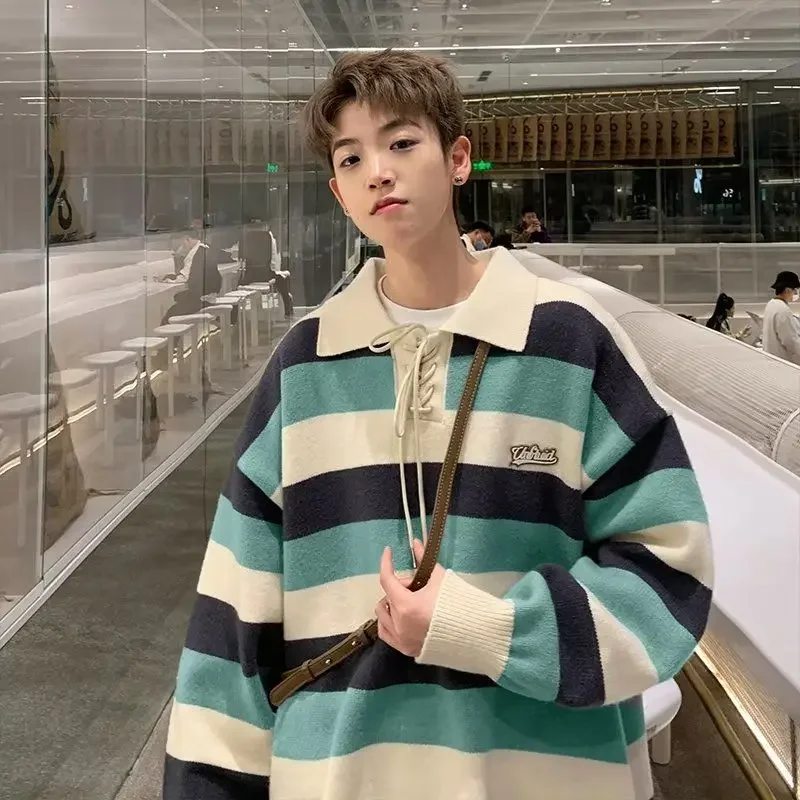 Polo neck sweater men's autumn and winter new trend handsome and versatile striped knit shirt niche design trendy brand y2k tops