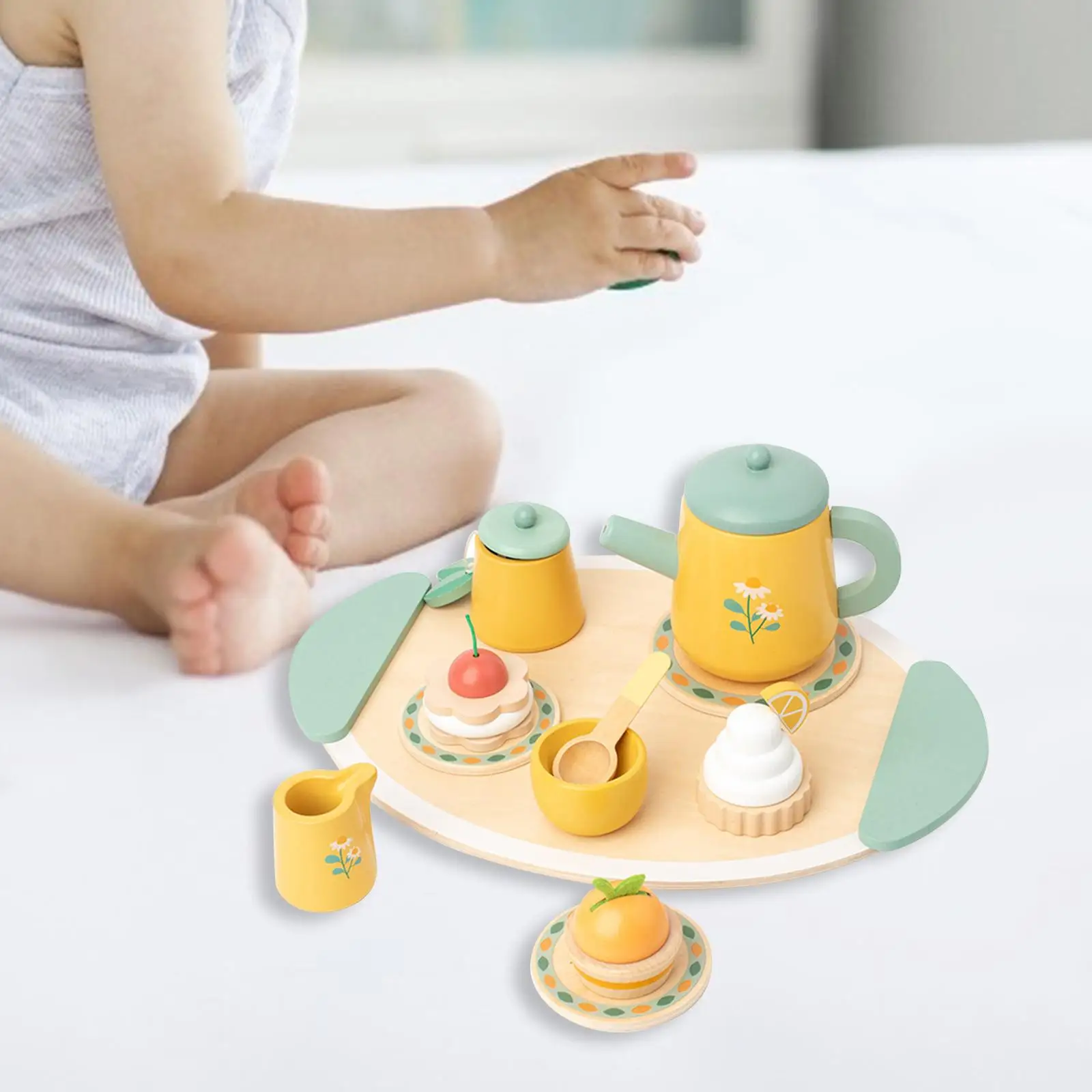 Wooden Tea Set Toys Mini Teapot Plates Playset Princess Playset Miniature Tea Set Cake Toys for Children Birthday Gift