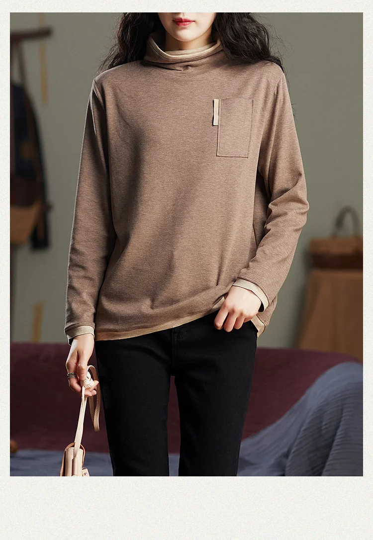 Amax luluE 2025 Turtleneck Loose Long Sleeve Tee Shirt Women Casual Green Tops Female Clothes Solid Color Basic Winter T-shirts