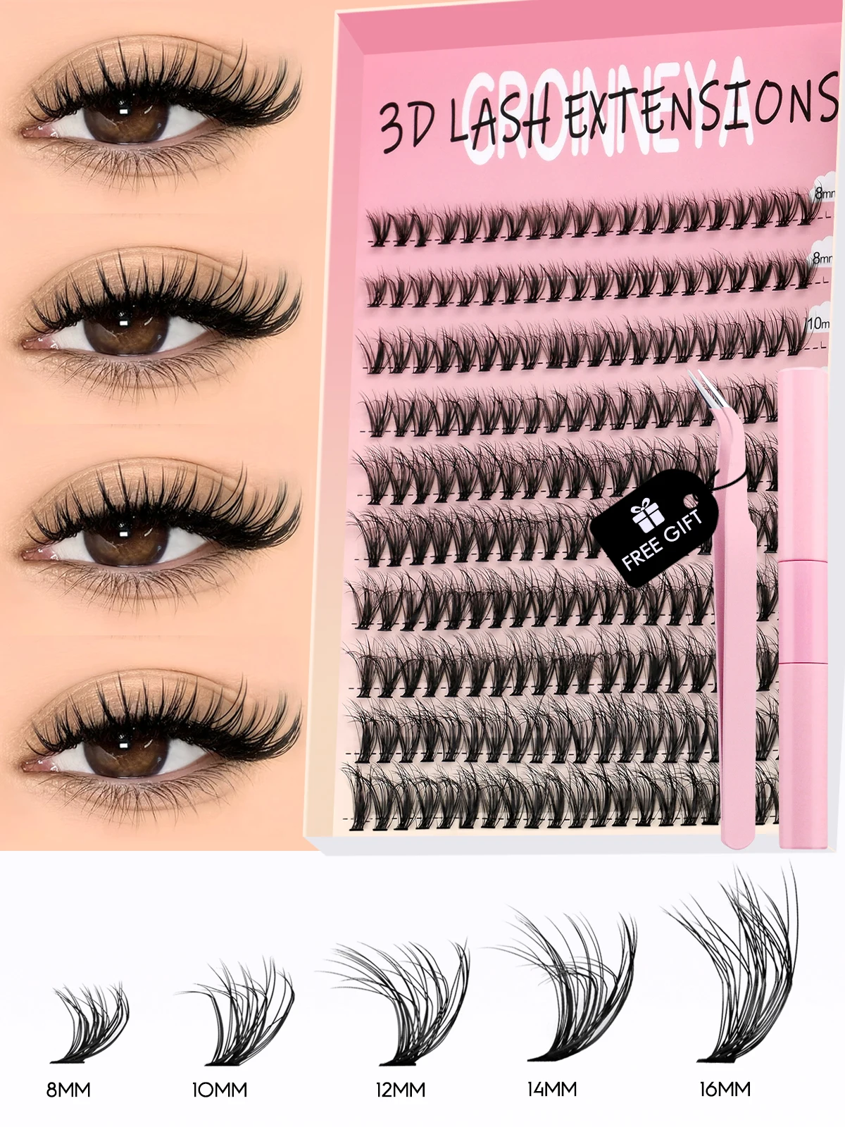Fake Eyelashes Lash Extension Kit Eyelash Set DIY Lash Kit Thick 8-16mm Fluffy Lash Clusters Mixed Tray Individual Eyelashes Kit with Bond DIY Lashes Extension